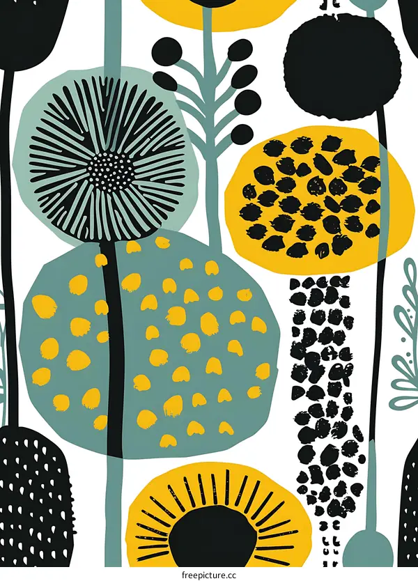 Abstract Hand Drawn Floral Pattern Yellow Green Black Colors Seamless Repeat