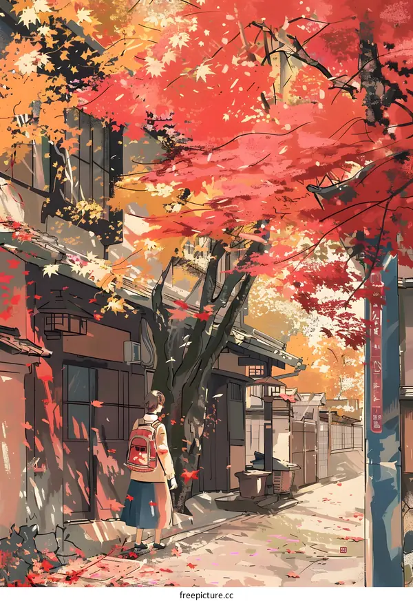 Autumn Leaves Fall on Japanese Street