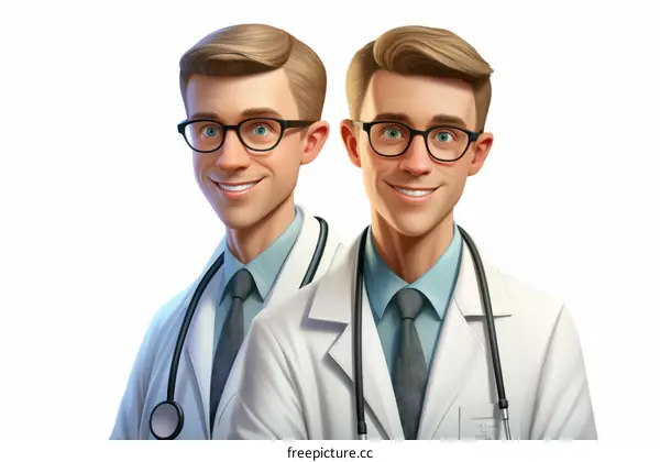 Two male doctors in white coats and stethoscopes