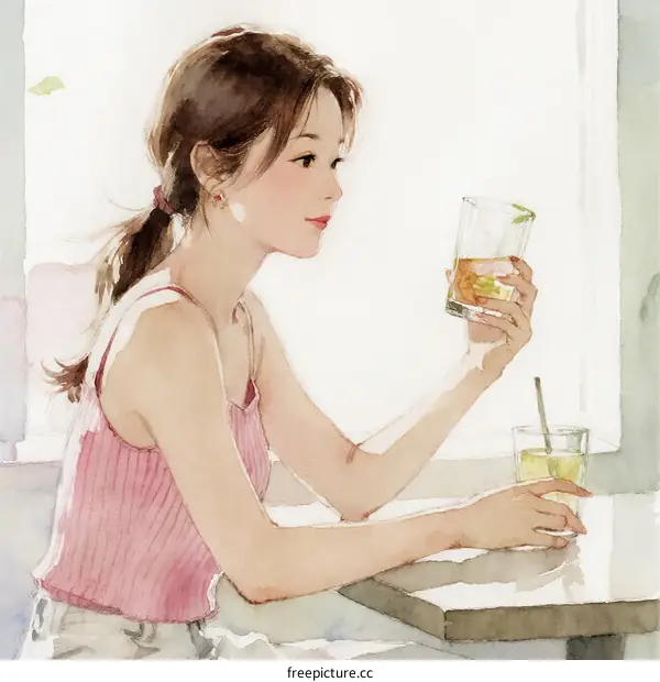 A Young Woman Enjoying a Refreshing Glass of Lemonade by the Window