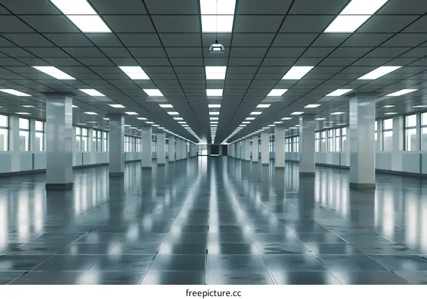 Empty Office Building with Large Windows and Fluorescent Lights