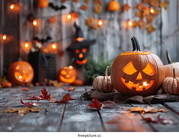 Spooky Halloween Pumpkins with Autumn Leaves