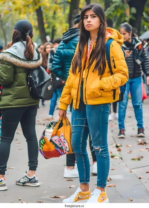 Young Woman in Yellow Jacket Walking on Street