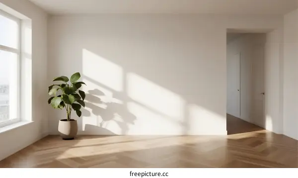Bright and empty room with large window and green plant