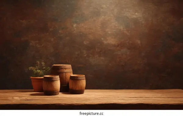 Vintage Wooden Barrels on Rustic Wooden Table