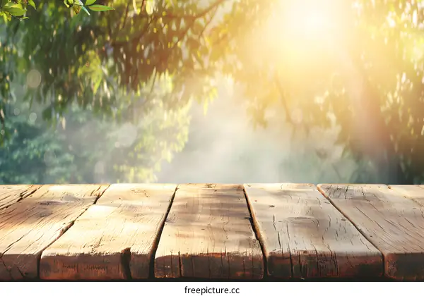 Rustic Wooden Tabletop With Defocused Summer Forest Background