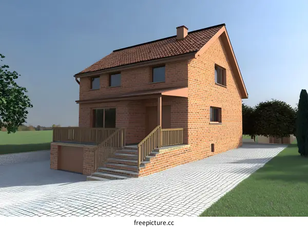 Brick House with Wooden Porch and Garage