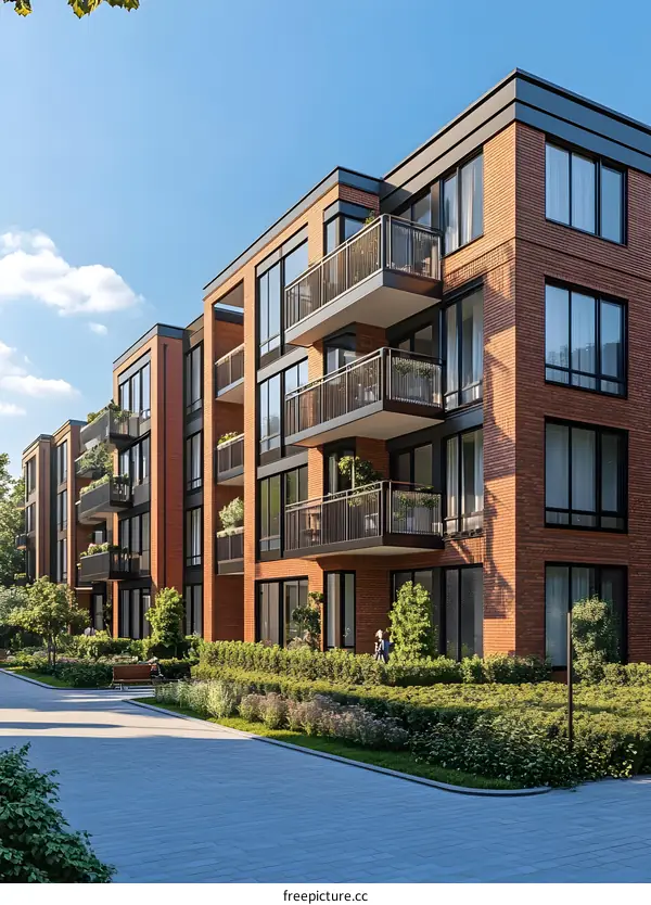 Modern Brick Apartment Building With Balconies And Lush Greenery