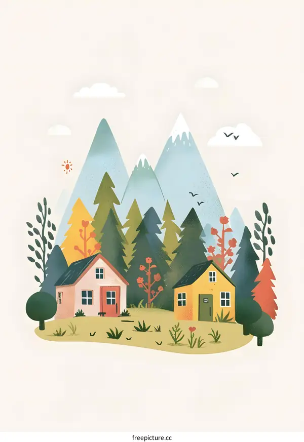 Cute Illustration of Houses in the Mountains