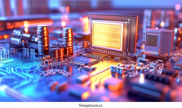 Close-up View of a Circuit Board with Illuminated Components