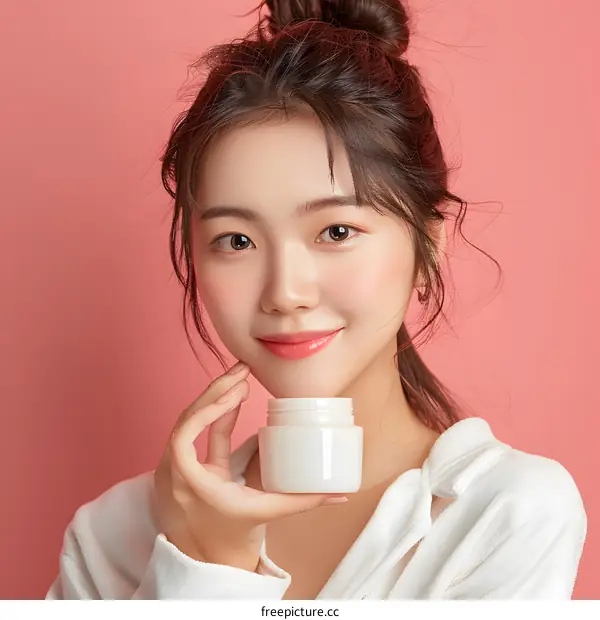 Beautiful Asian Woman Holding Skincare Cream