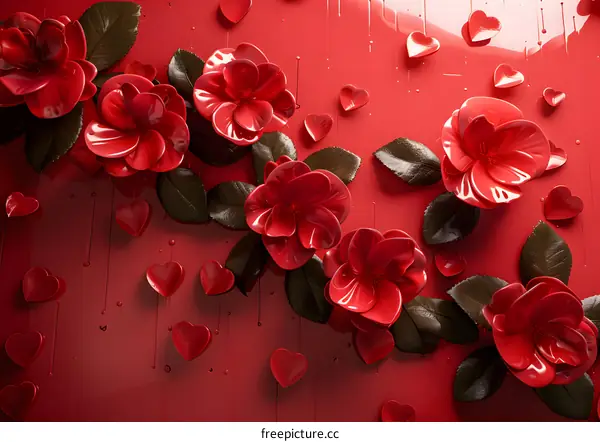 Red flowers are blooming on the red background wall, with green leaves and red love hearts