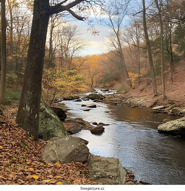 Autumn Creek With Yellow Leaves