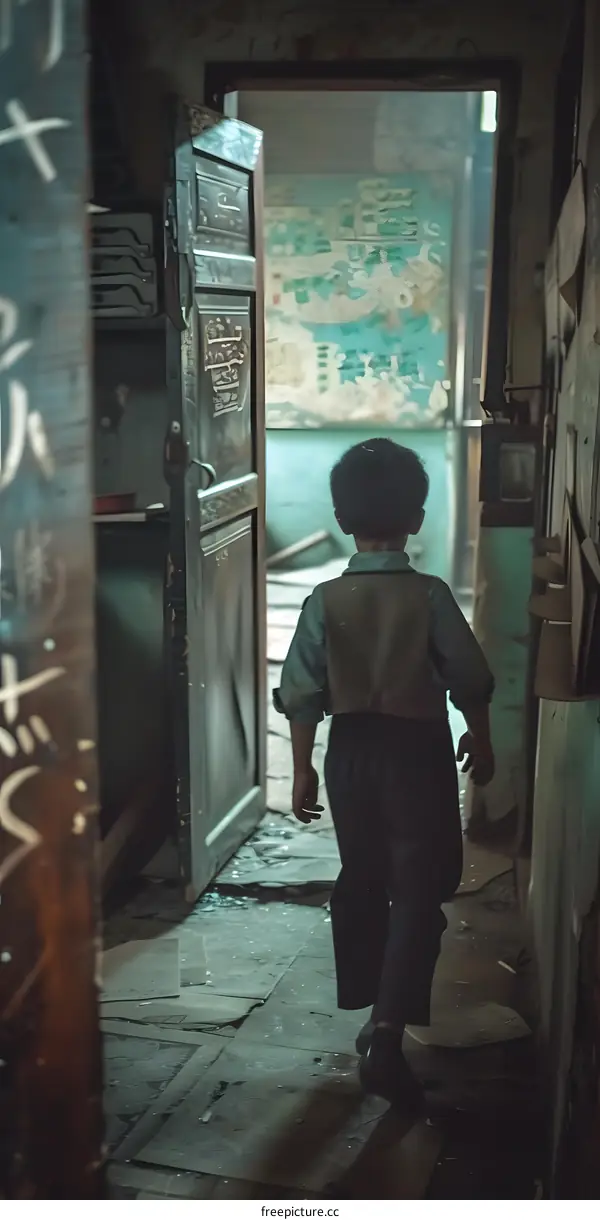 Young Boy Walking Through A Doorway In A Run Down Building