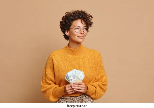 Smiling Woman Holding Money in Yellow Sweater