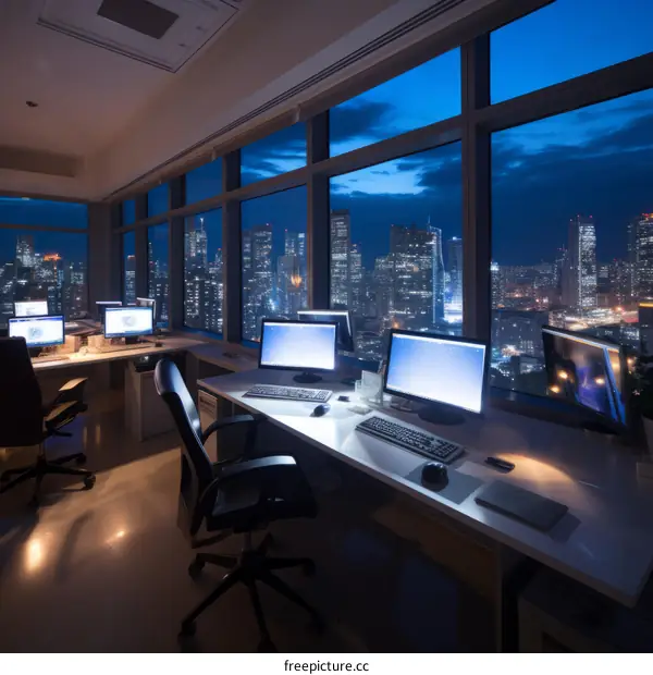 Modern office interior with computers and city view at night