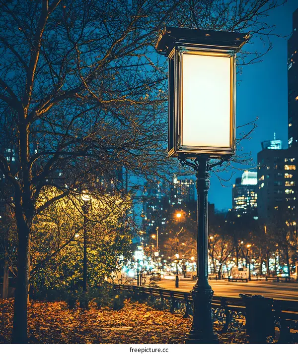 Blank Billboard Sign In City Park At Night