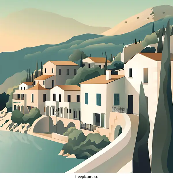 Mediterranean Coastal Village Illustration