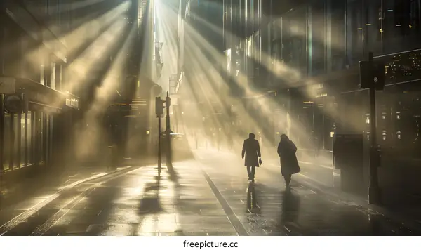 Street with Golden Rays of Sunlight on a Foggy Day