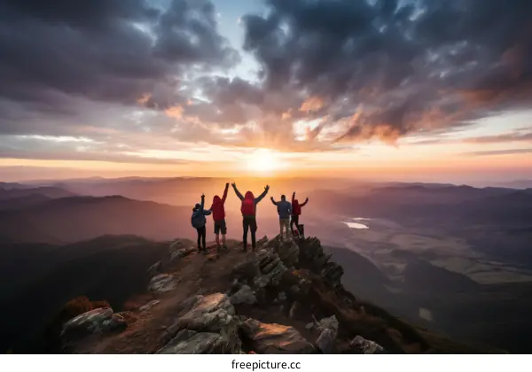 People celebrating their successful mountain summit