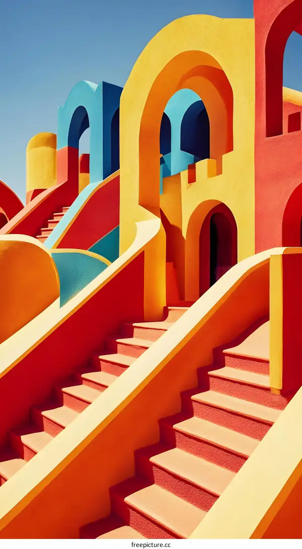 Abstract Colorful Architecture with Arched Windows and Stairs