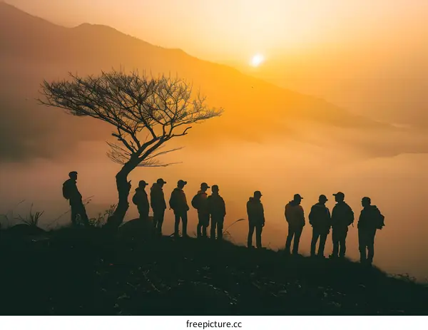 Silhouettes of People Standing on a Hilltop at Sunset