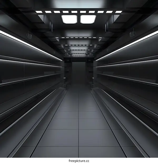 Futuristic Dark Interior Corridor with Shelves and Lights