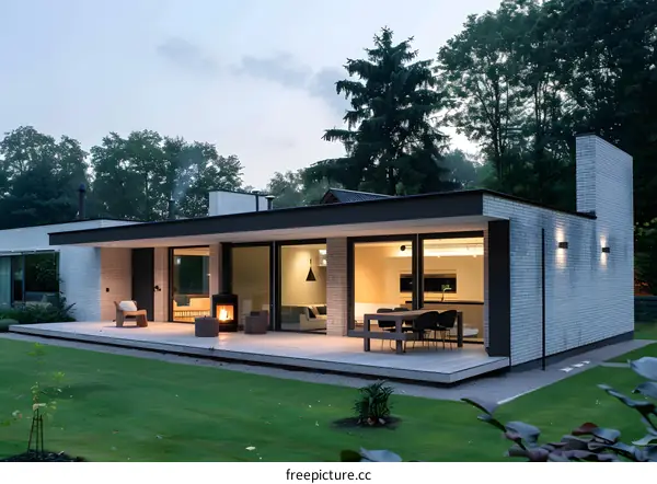 Modern Brick House With Large Windows And Patio
