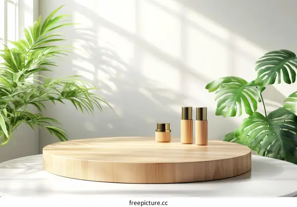 Wooden Display Stand with Cosmetics and Plants