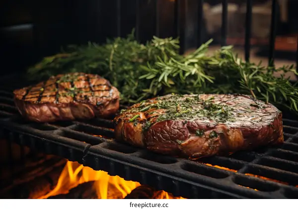 Two juicy and tender grilled steaks on a flaming hot grill