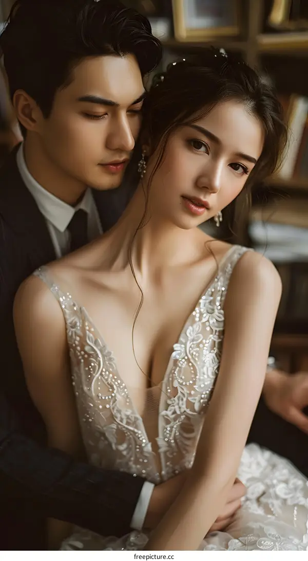 A couple in wedding dress taking indoor wedding photos