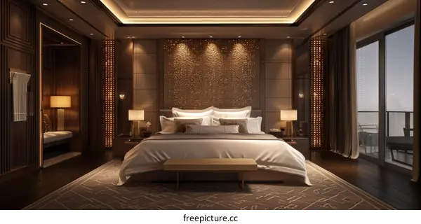Luxury Hotel Bedroom with Night City Skyline View