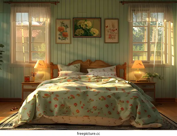 Floral Bed in a Green Bedroom with Curtains