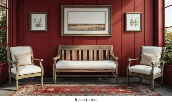 Rustic Wooden Patio Furniture Set in a Red Room