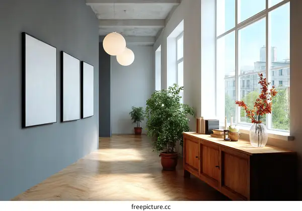 Modern Empty Gallery Corridor with Large Windows
