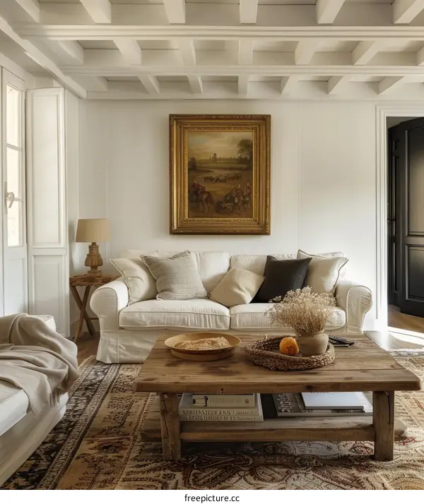 Elegant Farmhouse Living Room with White Walls and Wood Beam Ceiling