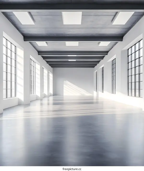 Modern Empty Industrial Loft Space with Concrete Ceiling and Large Windows
