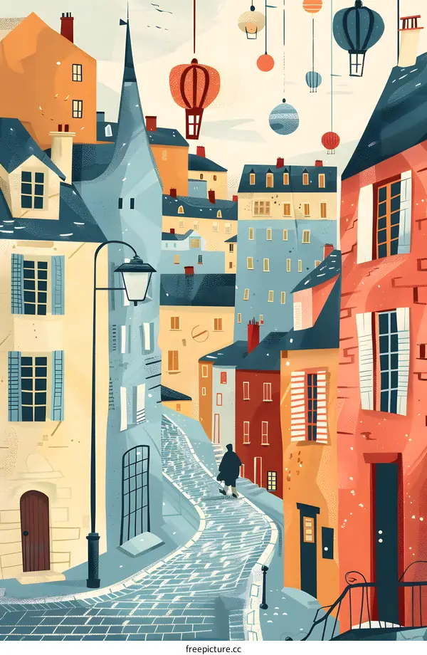 Colorful Illustration of a European City Street
