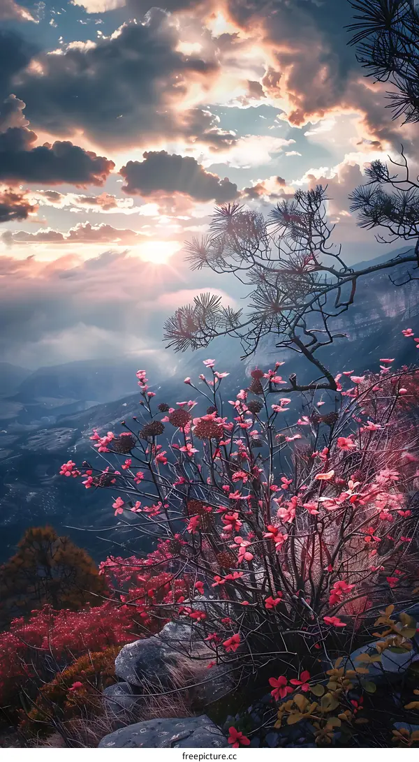 Pink Flowers Blooming on a Mountain at Sunset