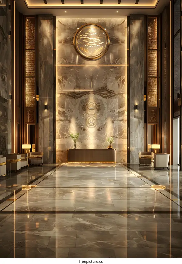 Modern hotel lobby interior with marble walls and golden accents