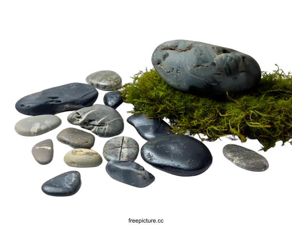 [Transparent Background PNG]Smooth River Rocks On Moss And White Background