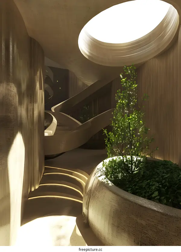 Modern Interior Design with Curved Staircase and Skylight