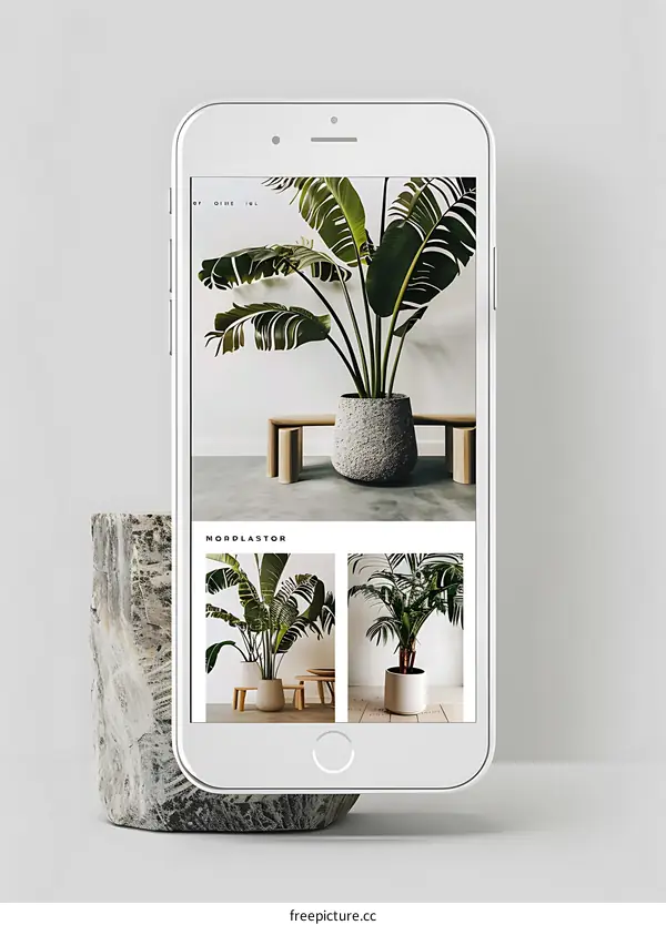 White Phone With Green Plant And Wooden Stool Image
