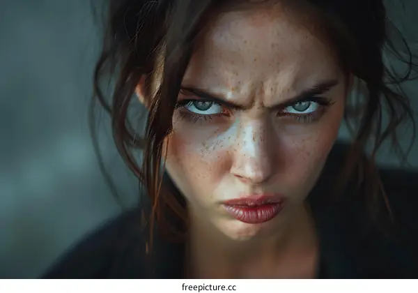 portrait of a young woman with freckles and green eyes looking at the camera with an angry expression