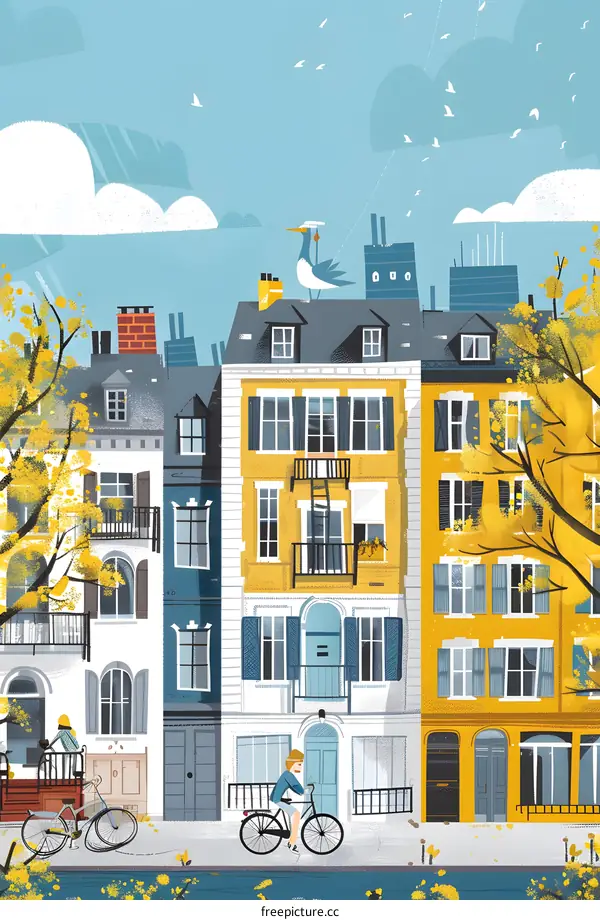 Cute Illustration of a City Street Scene with People Riding Bikes and Walking