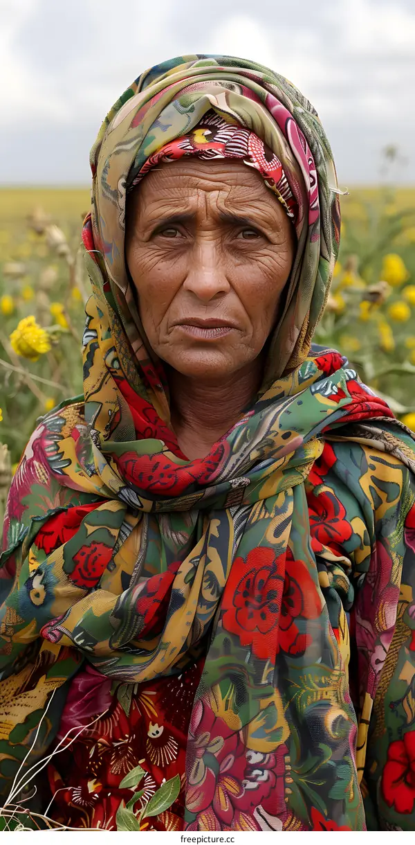 Portrait of a woman wearing a colorful headscarf in a field of sunflowers