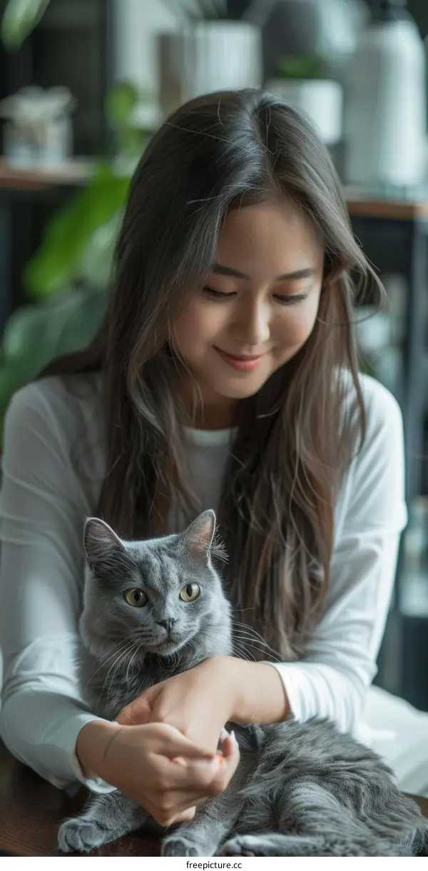 A young woman is sitting on a chair and holding a gray cat