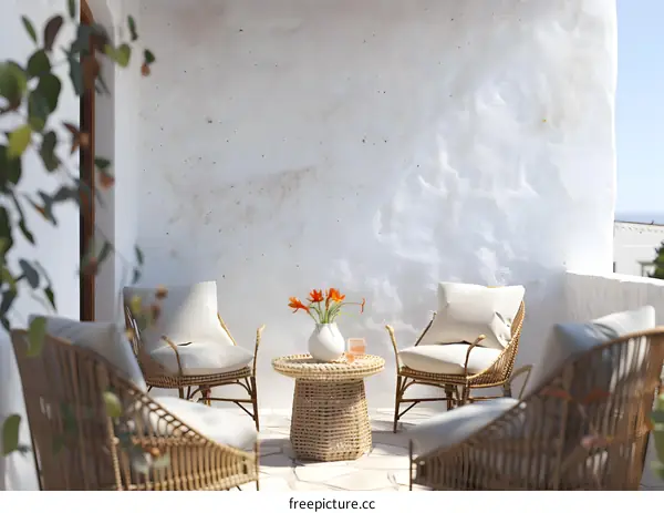 White Wall Balcony with Wicker Furniture