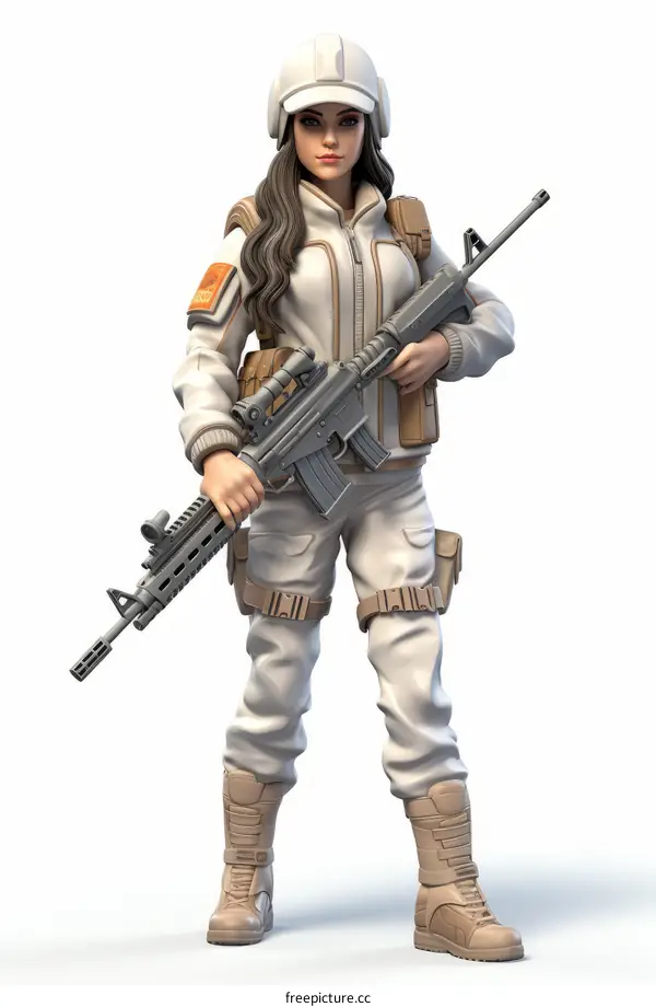 Illustration of a female soldier in white holding a gun