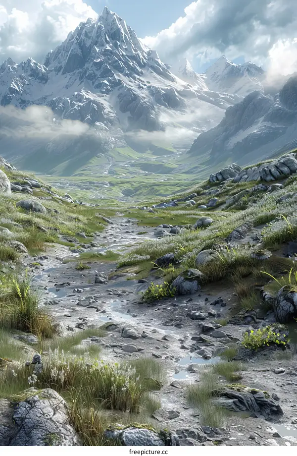 Snowy Valley between High Mountains